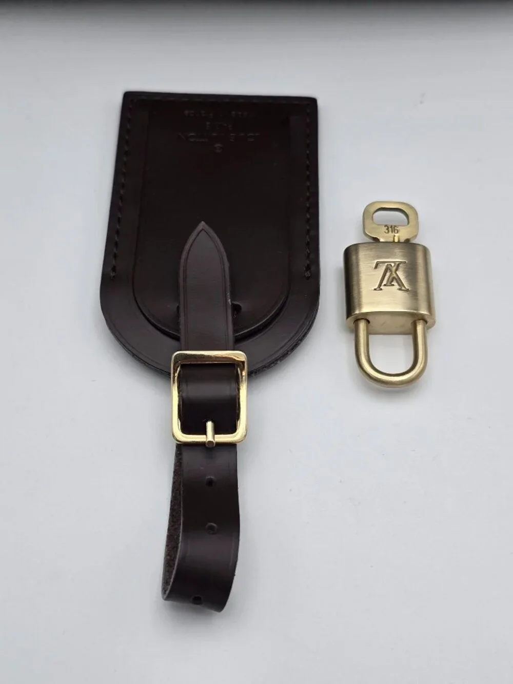 Authentic Louis Vuitton Brown Luggage Tag & Gold Padlock with Key-Made in France